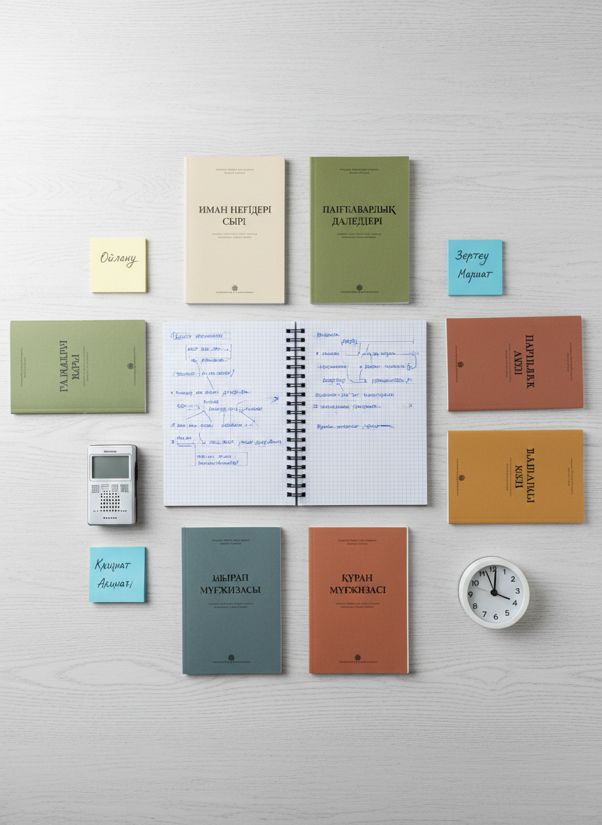 A carefully arranged flat-lay composition of study materials themed around understanding Risale-i Nur in Kazakh: several slim booklets with varied earth-tone covers, each labeled with different topics in clean Kazakh script, radiate outward from the center. In the middle sits an open notebook with structured question-and-answer notes, dotted with underlines and arrows in blue ink. Around the edges lie a digital voice recorder, sticky notes with brief Kazakh keywords, and a simple desk clock showing early evening. Soft, overhead studio lighting produces minimal shadows and clear visibility of every detail. The photographic image is crisp and modern, with a balanced, symmetrical layout that suggests organized learning and methodical, meaningful answers.