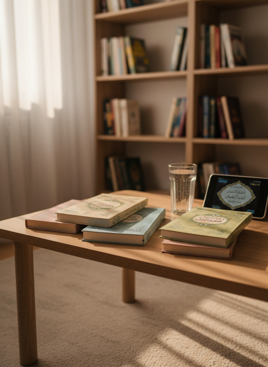 A serene reading nook dedicated to Risale-i Nur study: a low, light-wood table holds several neatly stacked Kazakh-translated Risale-i Nur booklets in soft pastel covers, a glass of clear water with tiny droplets on the outside, and a small digital Quran app device resting beside them. Behind the table, tall bookshelves filled with religious and educational texts blur softly into the background. Warm late-afternoon sunlight streams diagonally through thin curtains, creating golden highlights on the book covers and long, gentle shadows across the floor. Captured from a low, intimate angle with shallow depth of field, the image feels peaceful and contemplative. The photographic style is realistic yet warm, conveying a quiet atmosphere ideal for meaningful questions and answers.