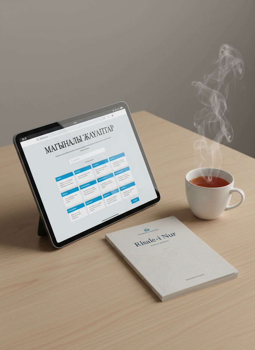 A close-up of an elegant study setup where a tablet screen displays a clean, modern interface of a Kazakh Q&A website titled “МАҒЫНАЛЫ ЖАУАПТАР” in bold, refined typography. Next to the tablet lies a slim Risale-i Nur booklet in Kazakh, its matte cover featuring subtle geometric patterns and dignified lettering. The devices rest on a light oak desk, accompanied by a small, simple ceramic cup of tea giving off delicate steam. Neutral studio lighting, soft and evenly diffused, highlights the screen content without glare, while creating gentle reflections on the tablet’s edges. Shot from a three-quarter angle with sharp focus throughout, the image communicates professionalism, clarity, and trustworthiness in a photographic realism style suitable for an educational site.