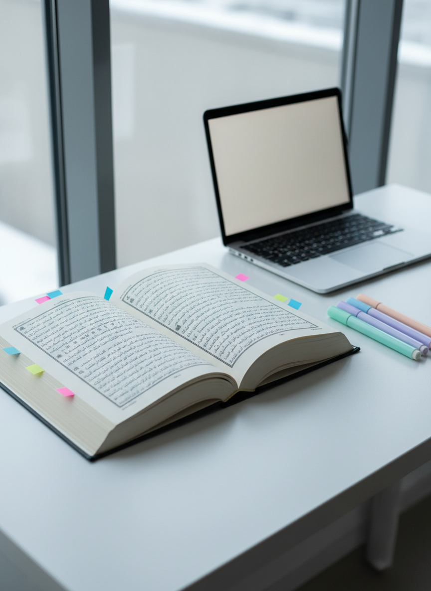 An open Risale-i Nur volume in Kazakh placed at the center of a minimalist white desk, its thin cream-colored pages filled with crisp black text and small explanatory footnotes. Around the book are color-coded sticky tabs, a neatly organized set of pastel highlighters, and a slim laptop with a softly glowing blank screen, hinting at online study. Cool daylight from an overcast sky filters through a nearby window, casting even, diffused light with almost no harsh shadows. Shot from a slightly elevated angle using the rule of thirds, the composition highlights the open text as the heart of reflection and learning. The mood is focused, calm, and professional, with photographic realism and a clean, modern academic aesthetic.